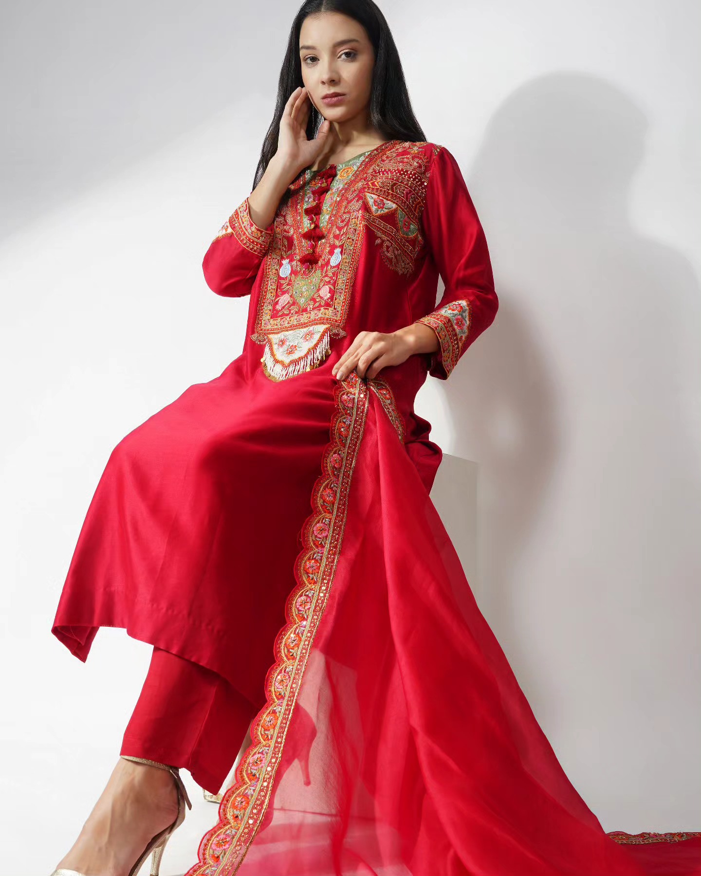 Elegant Draped Red Suit